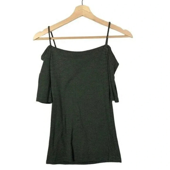 Heart & Hips Green & Black Stripe Cold Shoulder Short Sleeve Top M - Picture 2 of 3